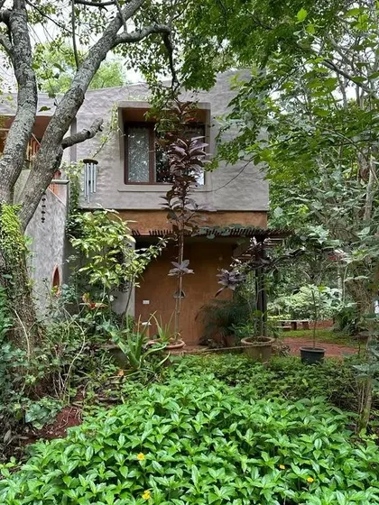 The house is intentionally nestled within a dense garden. This approach to landscape design ensures that the structure feels private and protected, a hidden sanctuary discovered amongst the trees.