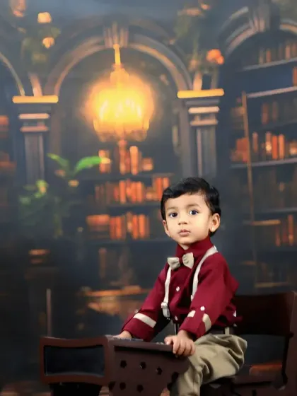 A little wizard in the making. This toddler sits in a library setting, perfect for a magical, bookish theme like Harry Potter.