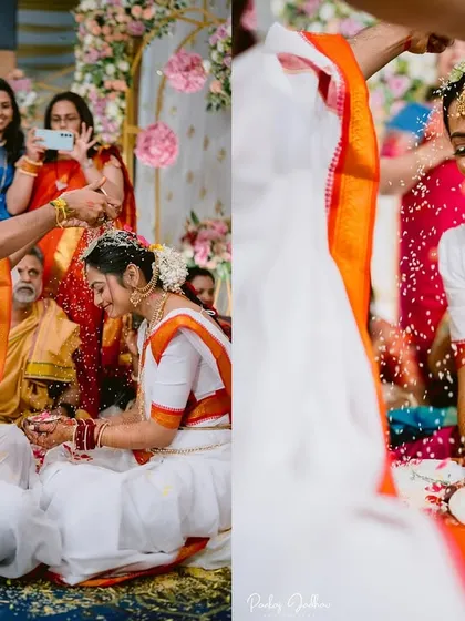 A diptych showing the 'Talambralu' ritual, where the groom showers the bride with consecrated rice.