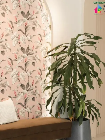 A detail of the floral wallpaper within the arched niche, adding a touch of soft, botanical artistry to the minimalist space.
