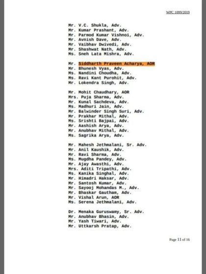 The appearance list from the Article 370 case, where I am listed as an Advocate-on-Record. This document is a formal record of my involvement in this landmark constitutional matter.