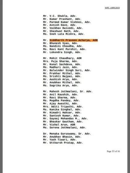 The appearance list from the Article 370 case, where I am listed as an Advocate-on-Record. This document is a formal record of my involvement in this landmark constitutional matter.