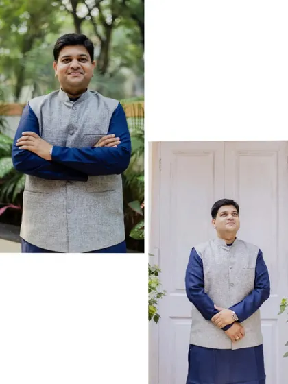 Portraits of the groom on his wedding day. He looks sharp and happy in a traditional blue kurta and grey vest, captured in both a classic portrait and a more candid, upward-looking shot.