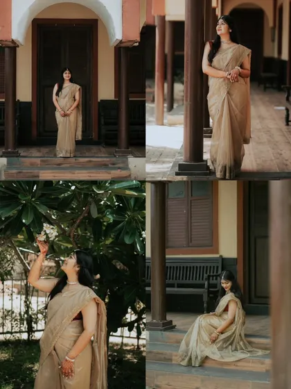 A collage of the bride's portraits in her elegant golden saree before the Haldi ceremony begins.