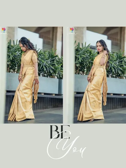 Be You. A collage of the bride in her golden saree, capturing her confidence and individual style from different angles.