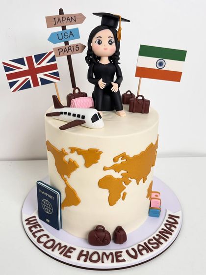 From an AI reference to a real-life creation. This travel-inspired cake celebrates graduation and new beginnings, featuring a handcrafted figurine, a world map design, and edible flags, suitcases, and a passport.