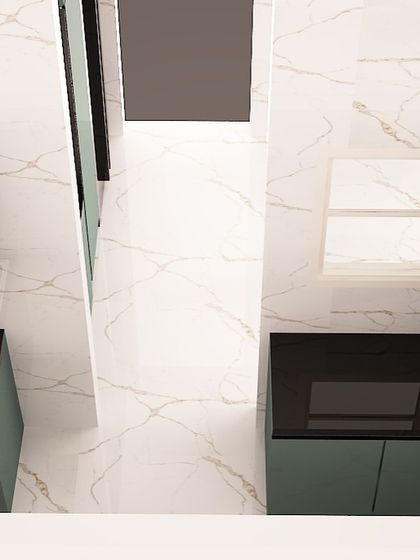 A top-down view from the 3D design, showing the efficient 'golden triangle' layout of the hob, sink, and fridge in this parallel kitchen.