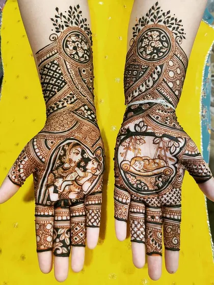 Mehendi is perfect for celebrating a baby shower. This custom design features a mother lovingly holding her child on one palm and a baby resting in a cradle on the other, surrounded by delicate, flowing patterns.