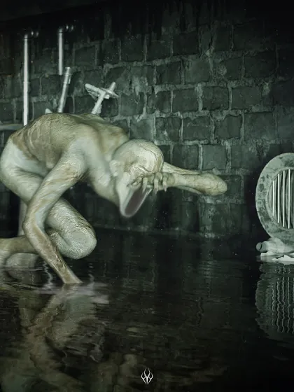 A third perspective of the sewer creature, emphasizing its elongated mouth and desperate, crawling pose. Each angle helps to build the story of this tormented character.