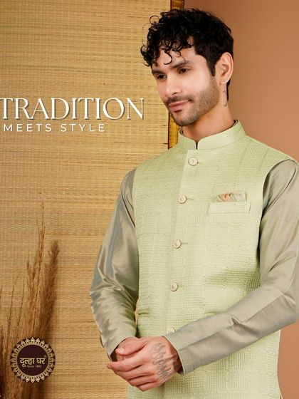 Tradition meets style. A close-up of a model in a lime green textured Nehru jacket, showcasing the fine fabric and comfortable fit.