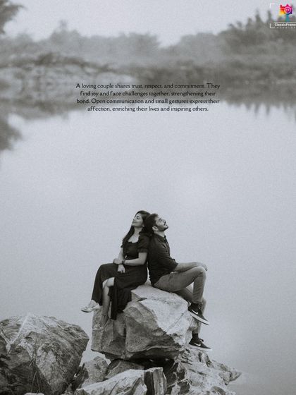 A black and white portrait that adds a timeless, classic feel to this lakeside scene. The focus is entirely on the couple's shared moment of peace and togetherness.