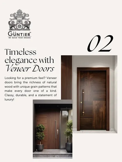 This image showcases two door styles. The one on the right features a rich, dark veneer with a clean, modern look, while the main door on the left uses a lighter wood with a striking grain.