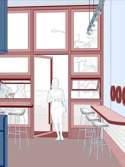 Another conceptual drawing for 'FLIP N FOLD', focusing on the facade and window seating. This process work is key to establishing the modern, fresh bite of a retro palette that defines the project's identity.