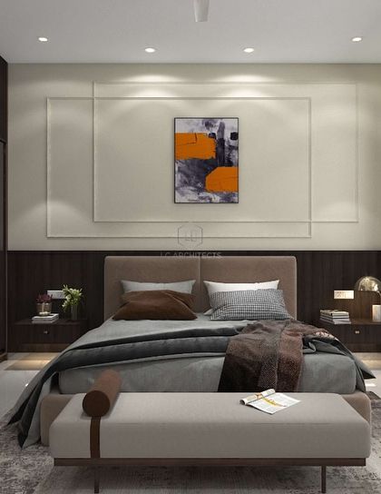 A bedroom from the 'Nivasa' project, designed with a focus on simplicity and warmth. The room includes a glass-fronted wardrobe, a built-in desk, and neutral tones with dark wood accents.