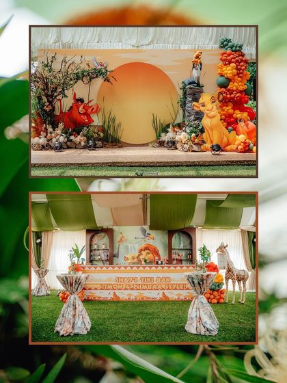 This collage shows two different setups for a Lion King theme, one focusing on the stage and another on a dessert or cake table area, demonstrating the versatility of the theme.