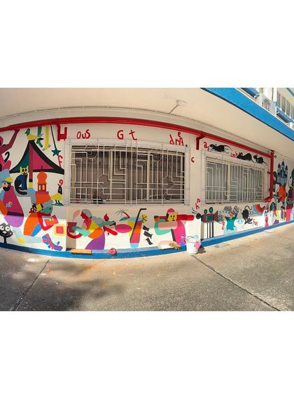 The full panoramic view of the long mural created for the Wall Art Festival.