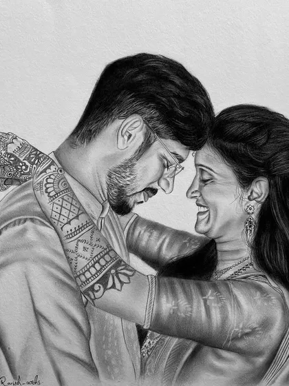 The warmth of an embrace, captured in charcoal. This is a custom couple's portrait I created, focusing on the fine details like the intricate mehendi and the genuine emotion shared between them.