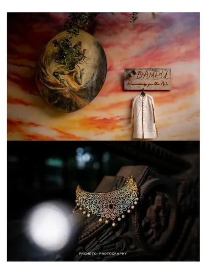A collage of artistic detail shots, featuring the groom's attire and the bride's statement necklace, setting the mood for the celebration.