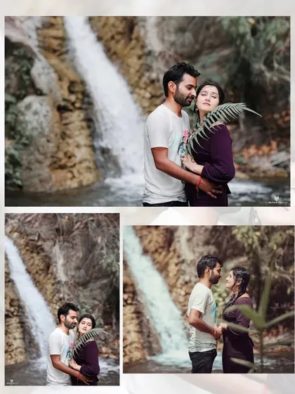 A collage of a couple's romantic and playful moments during their waterfall pre-wedding shoot.