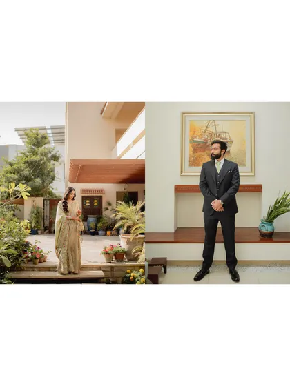 A diptych showing the bride and groom in their element. These individual portraits, set in a modern home and garden, capture their distinct styles while telling a cohesive story of a couple ready to begin their life together.