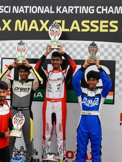A double podium finish for our team at the Rotax Max Classes 2023, with drivers Abhay and Hunner Singh displaying their trophies after a successful race weekend.
