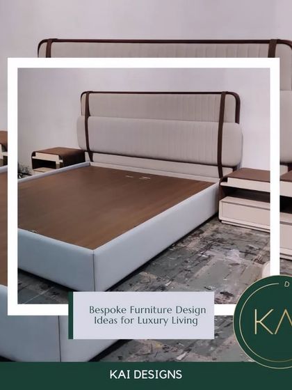 A bespoke bed with a modern, extended headboard and integrated two-tone nightstands. The combination of textures and colors adds depth and sophistication to this custom bedroom centerpiece.