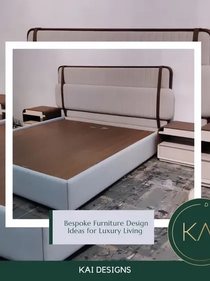 A bespoke bed with a modern, extended headboard and integrated two-tone nightstands. The combination of textures and colors adds depth and sophistication to this custom bedroom centerpiece.