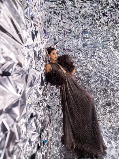 Another angle from the Kalki Fashion shoot, emphasizing the texture and structure of the modern gowns. These are the kinds of unique pieces I source for clients who want to stand out.