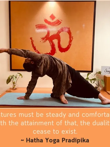 As the Hatha Yoga Pradipika says, postures must be steady and comfortable. Here, I demonstrate Vasisthasana (Side Plank Pose), a posture that builds immense strength while requiring calm focus.