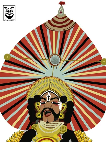 Here is a detailed vector illustration of a Yakshagana performer. I focus on capturing the intricate details of the costume and the expressive character of this traditional coastal Karnataka art form using clean lines and a rich color scheme.