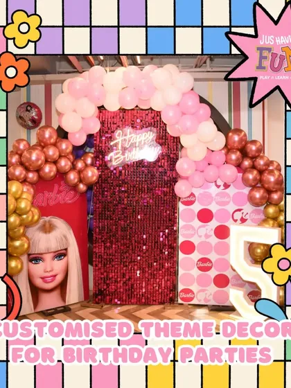 This Barbie-themed decor is all about the glam. Featuring a sparkling sequin backdrop, a life-size Barbie box for photos, and plenty of pink, it's a setup designed for a true fashionista's birthday.