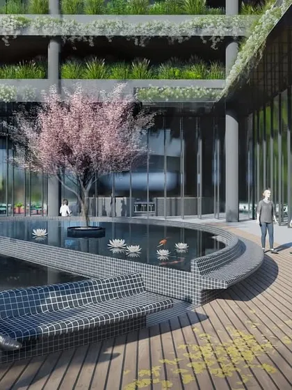 For the MSR Tower in Bangalore, I designed breakout spaces that serve as green oases within a vertical campus. This render shows a serene water feature and seating area, a space for pause and informal interaction that brings Bangalore's garden-city spirit into the modern workplace.