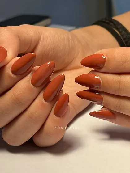 Another angle of the terracotta brown manicure on elegant almond-shaped nails. A simple color can make such a statement.