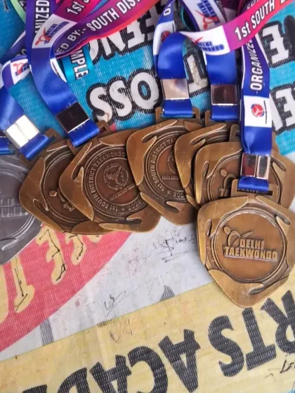 A collection of medals won by our students at a Delhi Taekwondo district event. Each one represents a story of perseverance and achievement.