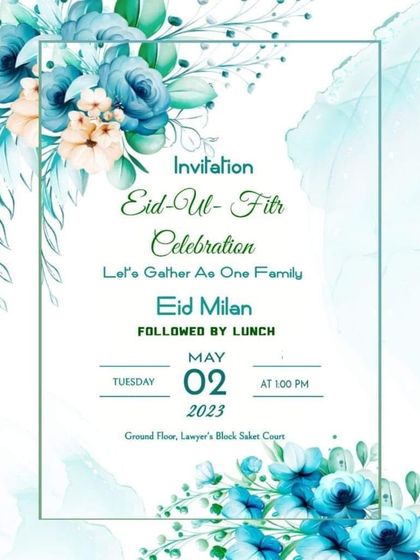 An invitation for an Eid Milan lunch at Saket Court. Festivals are an opportunity for the legal fraternity to come together as one family.