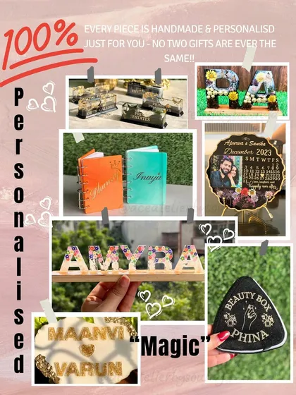 The magic of personalized gifts. This collage showcases the variety of 100% handmade items I can create, from name stands to calendar frames. No two gifts are ever the same.