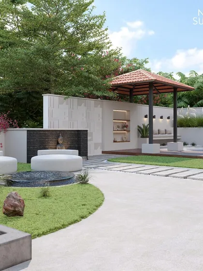 This expansive garden was designed as a mindful retreat, incorporating distinct zones for different activities. The space includes a shaded gazebo for lounging, a central water feature for ambient sound, and curved lawns with stone seating, all connected by clean pathways for a harmonious flow.