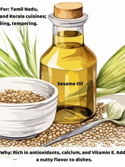 Sesame oil is widely used in Tamil Nadu, Andhra, and Kerala cuisines. Rich in antioxidants, calcium, and Vitamin E, it adds a wonderful nutty flavor to dishes and is great for sautéing.
