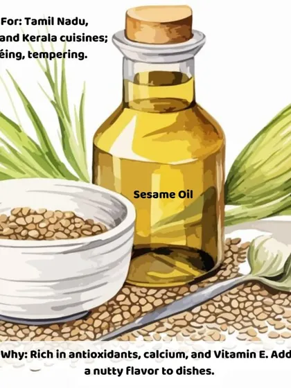 A guide to cooking oils: Sesame oil adds a nutty flavor and is rich in antioxidants. It's commonly used in Tamil Nadu, Andhra, and Kerala cuisines for sautéing and tempering.