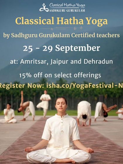 A clear and concise poster for the Hatha Yoga Fest in Amritsar, Jaipur, and Dehradun, with registration details and information on the special offer.