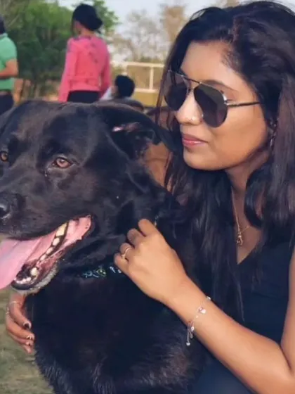 A beautiful black lab enjoying some outdoor time with his human. We welcome all breeds and ensure they get the love and attention they deserve.