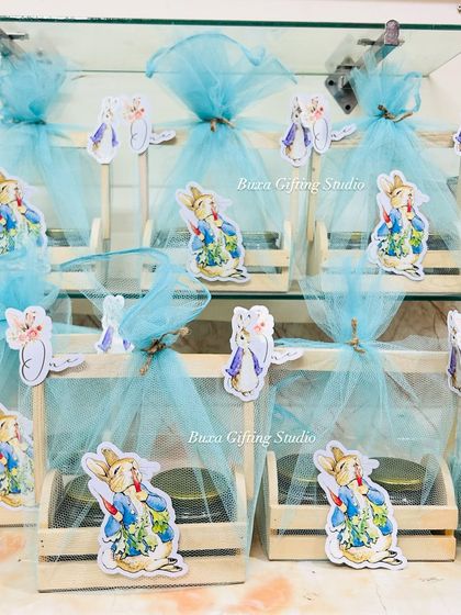 A view of the Peter Rabbit hampers on the shelf, showing how I prepare for a bulk order.