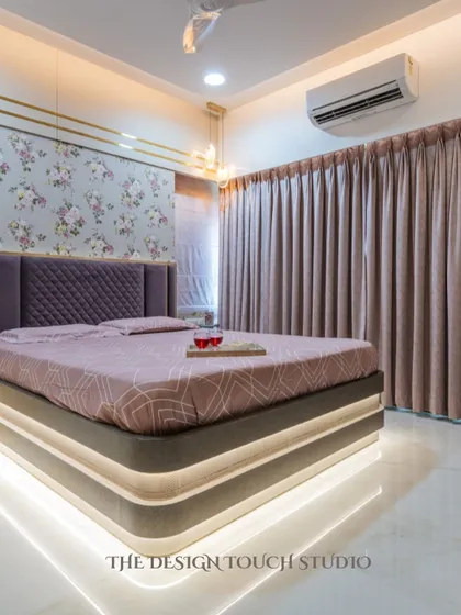 This shot showcases the bed with its custom-designed base featuring integrated LED lighting. This modern touch adds a layer of sophistication and creates a beautiful ambient glow.