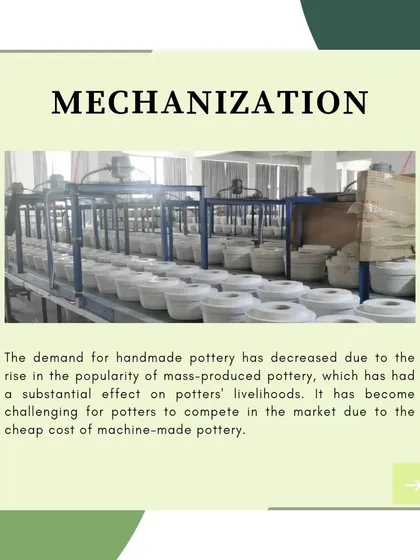 The rise of mass-produced, machine-made pottery has decreased the demand for handmade goods. We are committed to preserving this traditional art form by creating a market for authentic, handcrafted products.