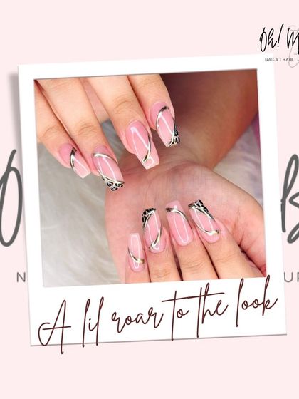 A little roar to the look. This chic design combines a sheer pink base with metallic silver swirls and a touch of leopard print for an edgy yet glamorous feel.