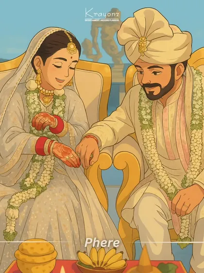 An artistic, Ghibli-style illustration of the 'Phere' ceremony. This creative take reimagines the traditional ritual with a touch of whimsical charm.