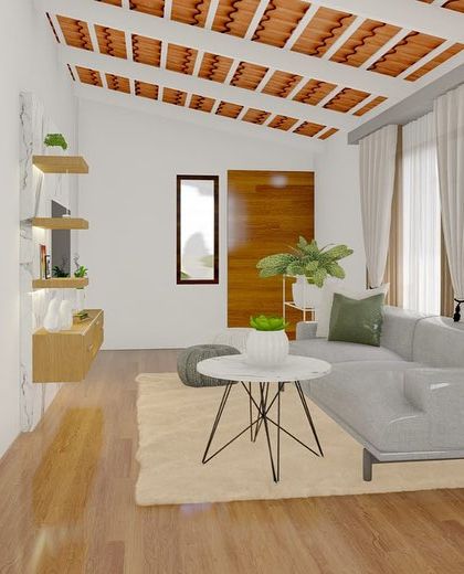 A minimalist living room concept with a sloped tile ceiling, featuring a simple TV unit, a comfortable sectional sofa, and natural wood finishes for a cozy feel.