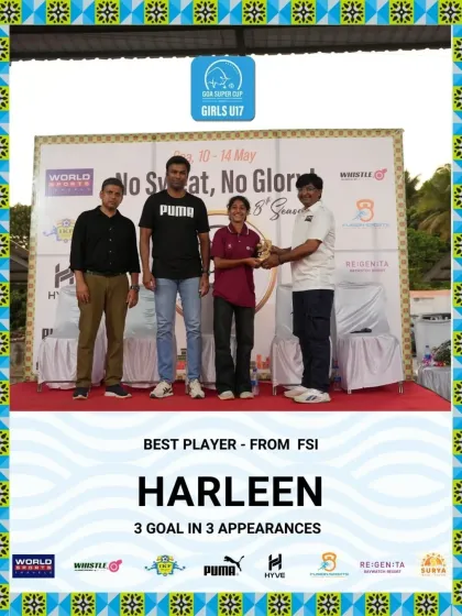 Harleen wins the Best Player award at the Goa Super Cup, scoring 3 goals in 3 appearances.