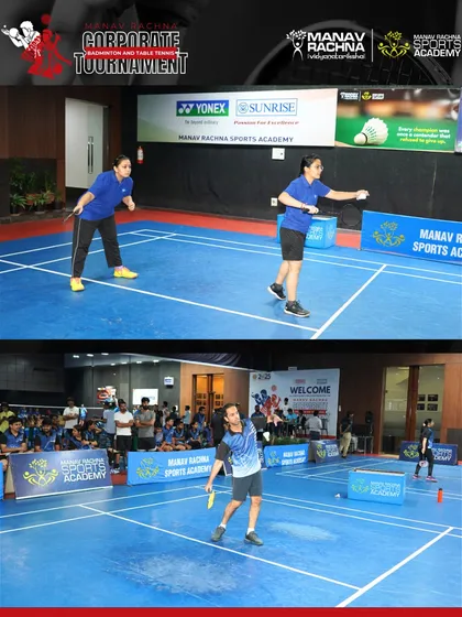 Doubles action on the badminton court. We organize various categories, including men's, women's, and different age groups, to ensure inclusive participation for all employees.