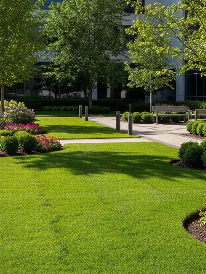 A corporate campus landscape with a rolling lawn, curved flower beds, and park benches. We design public spaces that are both beautiful and inviting.